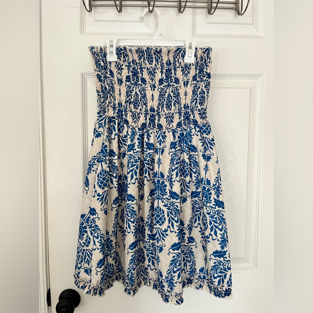 Shein Blue & White Floral Strapless Mini Dress Women’s Medium